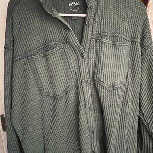 Aerie Forest Green Waffle Knit Button-Up